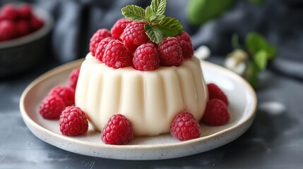Pudding decorated with raspberries, dessert