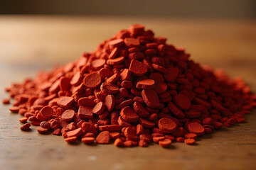 Decorative red pebbles piled artfully on a wooden surface, enhancing the natural beauty of the arrangement
