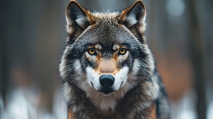Obraz premium A majestic gray wolf with piercing yellow eyes in a dense forest, natural wildlife portrait with soft bokeh and earthy tones in its habitat.