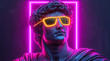 A classical statue dons neon sunglasses, showcasing a playful twist on tradition with bold colors and modern expressions.