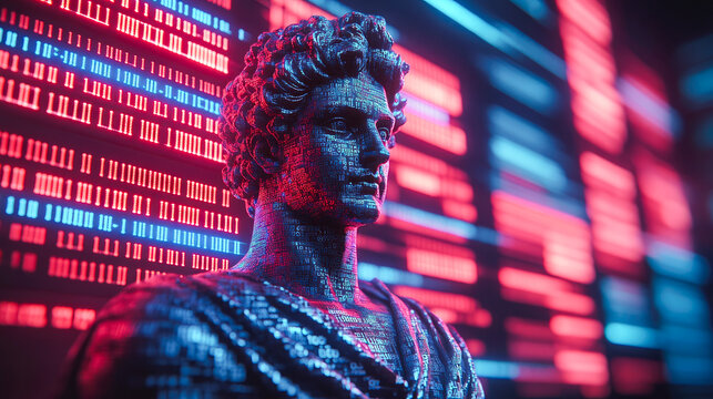 A bust with binary code and neon lights symbolizes the fusion of classical art and contemporary digital culture. - Powered by Adobe