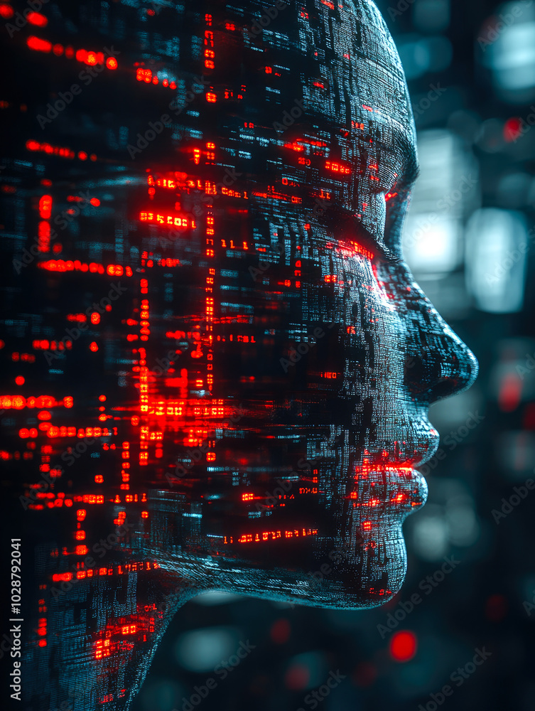 Poster a profile of a face illuminated by a network of red glowing data paths, symbolizing the fusion of hu