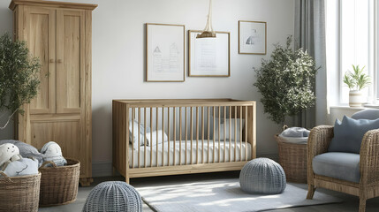 Cozy nursery with wooden furniture and soft decor elements.