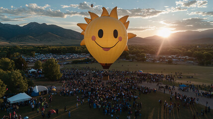 vibrant hot air balloon shaped like smiling sun rises above large crowd during festival at sunset, creating joyful and festive atmosphere