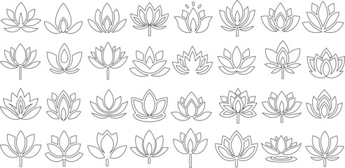 Lotus flower line illustration set showcasing minimalist lotus icons in various shapes and designs. Perfect for tattoo, yoga, wellness, meditation, and design projects