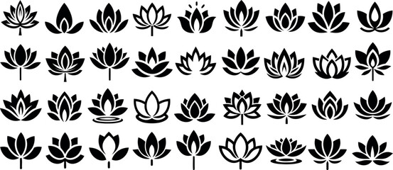 Lotus flower symbol vector illustration, lotus flower silhouette, black lotus icon designs minimalist floral patterns, spiritual symbols, zen, yoga, meditation. Ideal for logos, tattoos, and artistic 