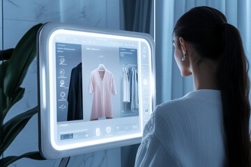 UI design of a Smart Mirror that recommends clothes based on a woman's reflection.