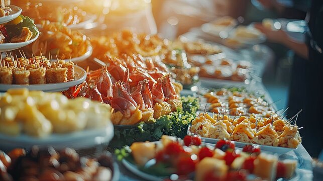 A buffet table with a variety of foods. This image can be used to illustrate a party, event, or gathering.