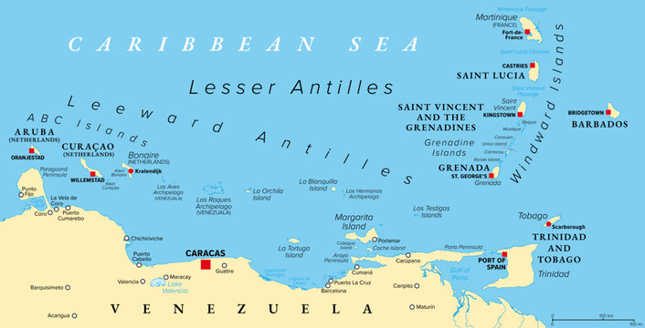 Hurricane free Caribbean islands, political map. The Leeward Antilles and Windward Islands are safest from Hurricanes. Aruba, Barbados, Bonaire, Curacao, Grenada, The Grenadines, Trinidad and Tobago.