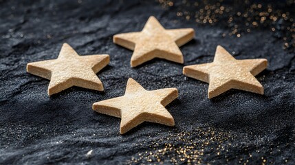 Delicious star-shaped gingerbread cookies with a golden,sparkly finish set against a dark,minimalist background. These festive,holiday-inspired treats exude a cozy,charming and vibe.
