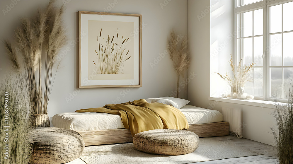 Poster Cozy, minimalist bedroom with natural decor and warm tones.