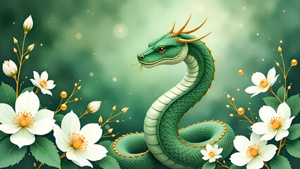 Fototapeta premium watercolor drawing of a serpent amidst white Blossoms