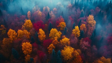 Naklejka premium Aerial View of a Foggy Forest in Autumn with Vibrant Colors