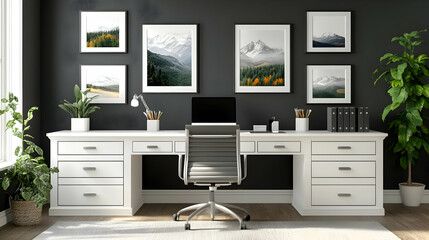Modern home office setup with desk, chair, and framed artwork.