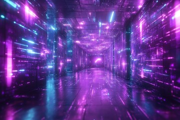 Fototapeta premium Neon lights illuminate a digital hallway. Perfect for sci-fi or tech themes.