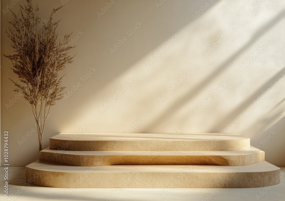 Poster Minimalist wooden display platform with soft shadows in a warm toned setting