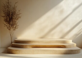 Minimalist wooden display platform with soft shadows in a warm toned setting