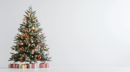 green christmas tree with colourful ornamnets and candy canes