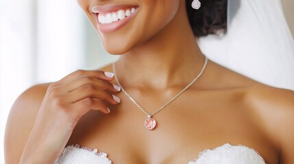 A woman wearing a necklace with a pink pendant