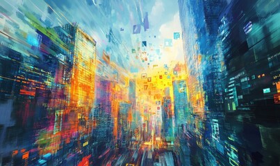 Abstract cityscape with bright colors and squares.