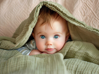 cute baby with blue eyes is lying under the blanket, looking at camera. The background color of green and pink. Soft light illuminates her face, creating an atmosphere full of warmth and tenderness.