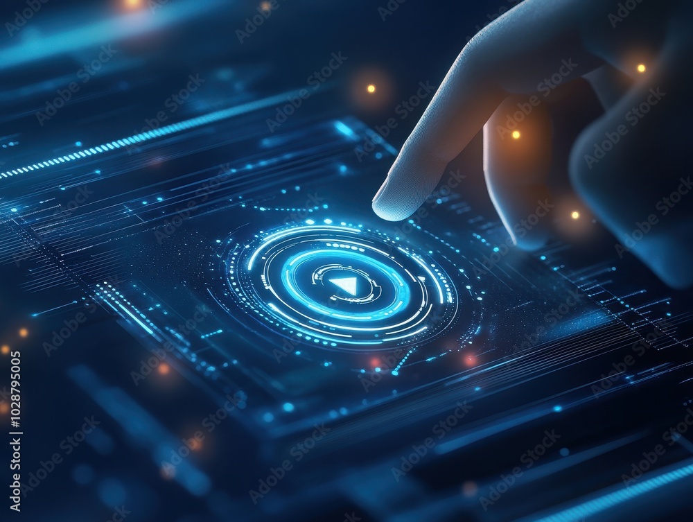 Poster a close-up of a finger interacting with a glowing digital interface showcasing technology and innova