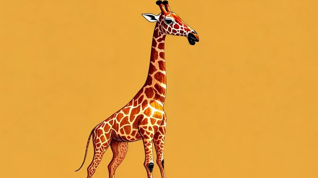 A giraffe stands tall against a yellow background