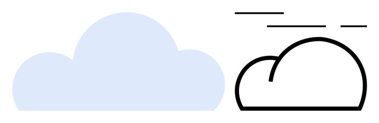 Two clouds one filled in blue and the other outlined in black with wind lines. Ideal for weather, nature, minimalist art, design, technology, vector illustrations