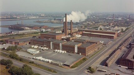 Obraz premium Aerial View of an Industrial Complex with Smoke Plumes