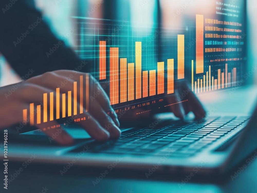 Poster a person analyzes data with graphs displayed on a laptop, showcasing modern analytics and technology