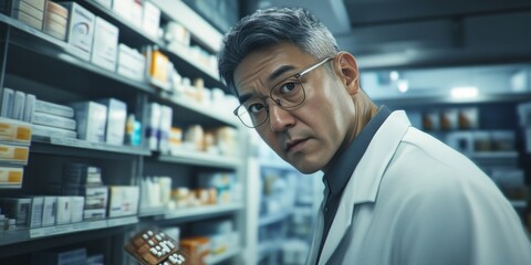 Fototapeta premium A focused pharmacist examines a shelf filled with various medicines in a modern pharmacy. This image captures the importance of healthcare and medication management. AI