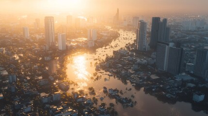 Obraz premium Climate Crisis - Aerial View of Coastal City at Risk of Flooding, Urging Climate Resilience Planning. Ultra-Detailed, Cinematic Light.
