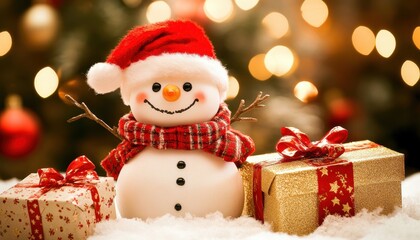 Cute snowman with gifts celebrating Christmas and New Year in a festive setting