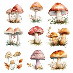 various watercolor detailed woodland mushrooms in various fall colors