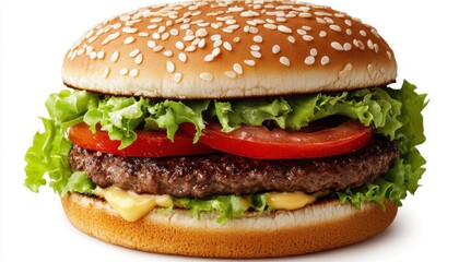 Delicious burger with lettuce, tomato, and cheese on a sesame seed bun