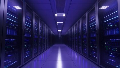 Fototapeta premium Inside a modern data server center with digital hosting facilities at night
