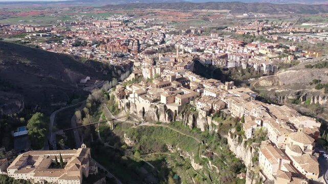  Drone view of the picturesque quarters of the city Cuenca. Castilla-La Mancha, Spain