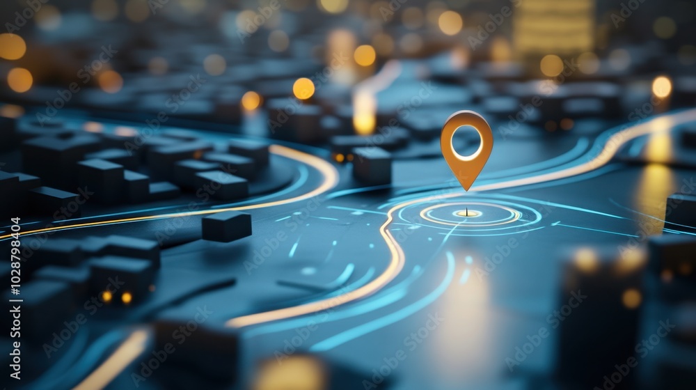 Poster 3d gps tracking map with a navigation pin, visualizing a real-time journey and destination search th