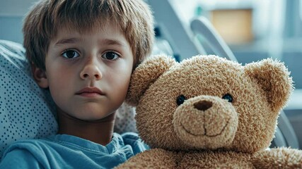 A young boy with a thoughtful expression holds a teddy bear while sitting in a hospital bed