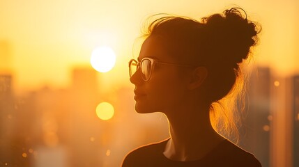 Silhouette of a woman with glasses and a bun hairstyle gazing out a window at sunrise over a city skyline, bathed in warm golden morning light.