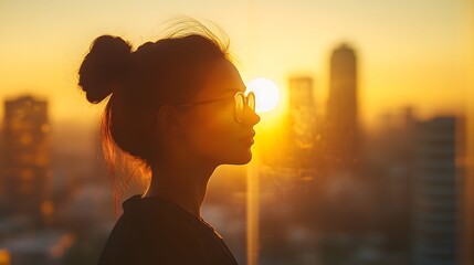 Fototapeta premium Silhouette of a woman with glasses and a bun hairstyle gazing out a window at sunrise over a city skyline, bathed in warm golden morning light.