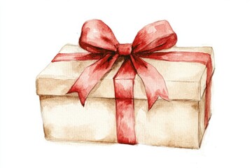 watercolor, cute style gift box, pale beige with red bow, neutral red colors, white background