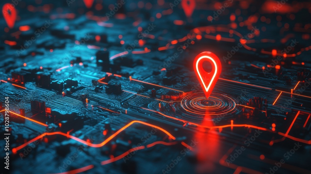 Poster 3d rendering of a gps tracking map with a red navigation pin, showcasing a futuristic concept of loc