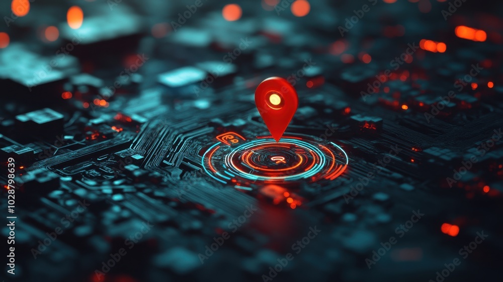 Poster 3d rendering of a gps tracking map with a red navigation pin, showcasing a futuristic concept of loc
