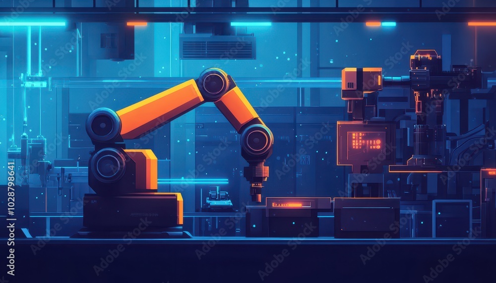 Poster autonomous industrial robot assembling products in a futuristic smart factory setting