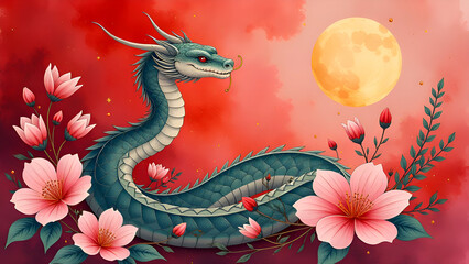 watercolor drawing of a serene serpent amidst Blossoms
