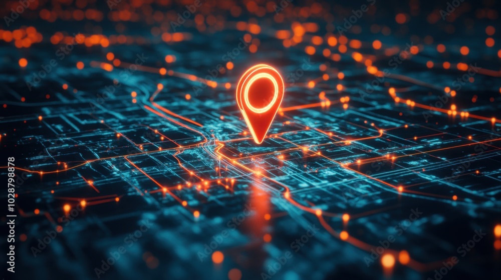 Poster 3d rendering of a gps tracking map with a red navigation pin, showcasing a futuristic concept of loc