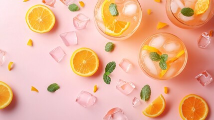 A frosty rum punch with citrus slices and mint, placed on a soft pastel pink background with abstract geometric elements