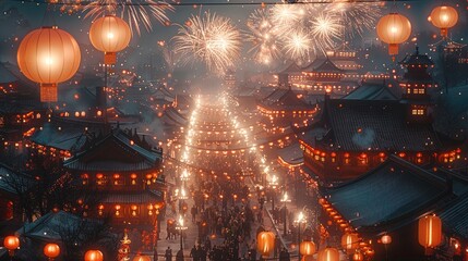 Night scene of a village with fireworks and firecrackers, bright explosions lighting up winter...