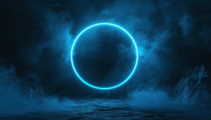 A vibrant neon blue geometric circle glowing against a dark, mysterious background